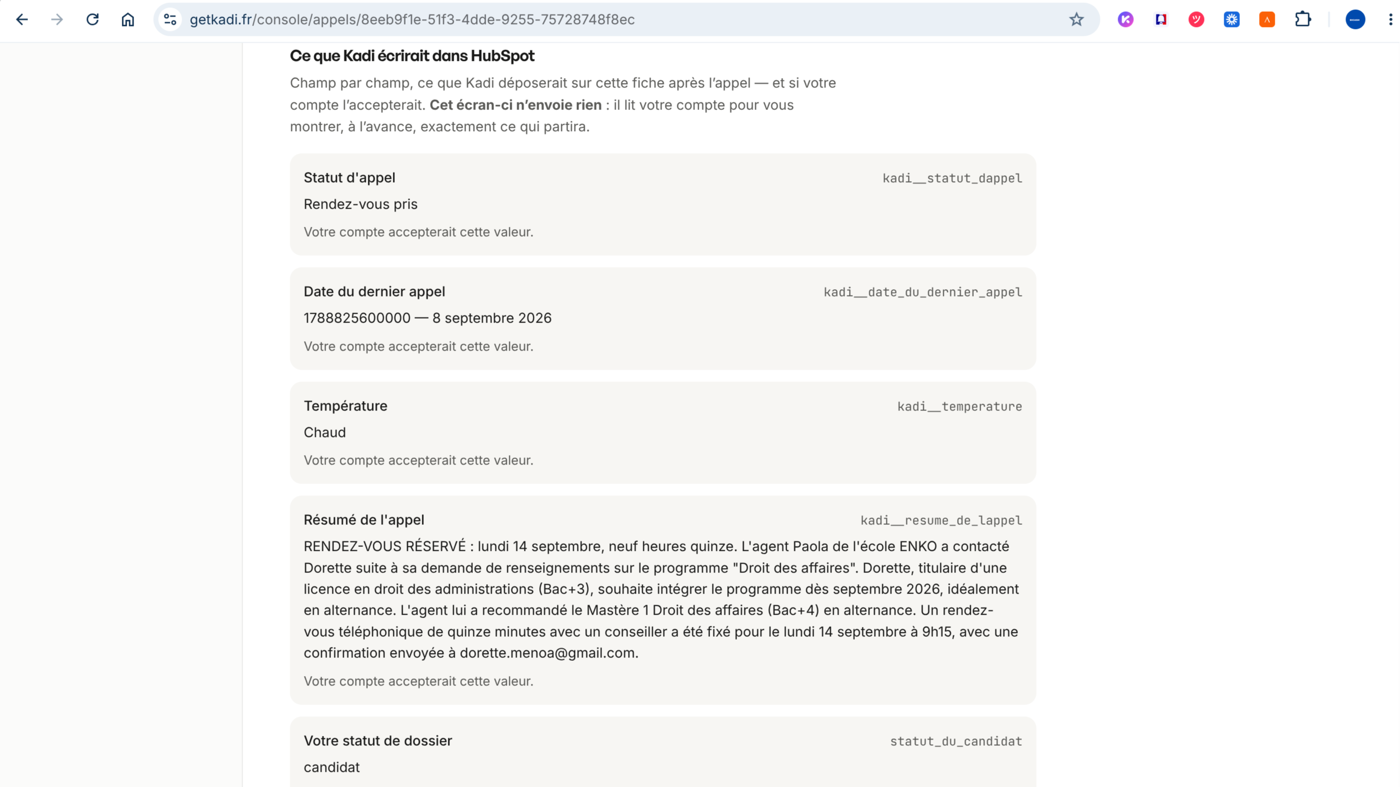 Lo que Kadi escribiría en HubSpot